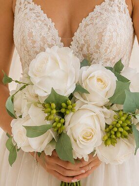 Custom Made Realistic Wedding  Bouquet Silk Roses, Sage & Eucalyptus Greenery